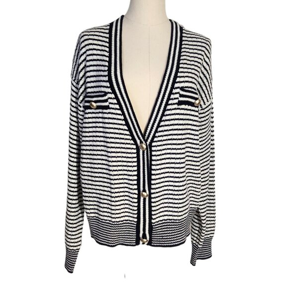 Tahari Blue White Striped V-Neck Cardigan with Brush Gold Buttons Women's Size L - Picture 1 of 16